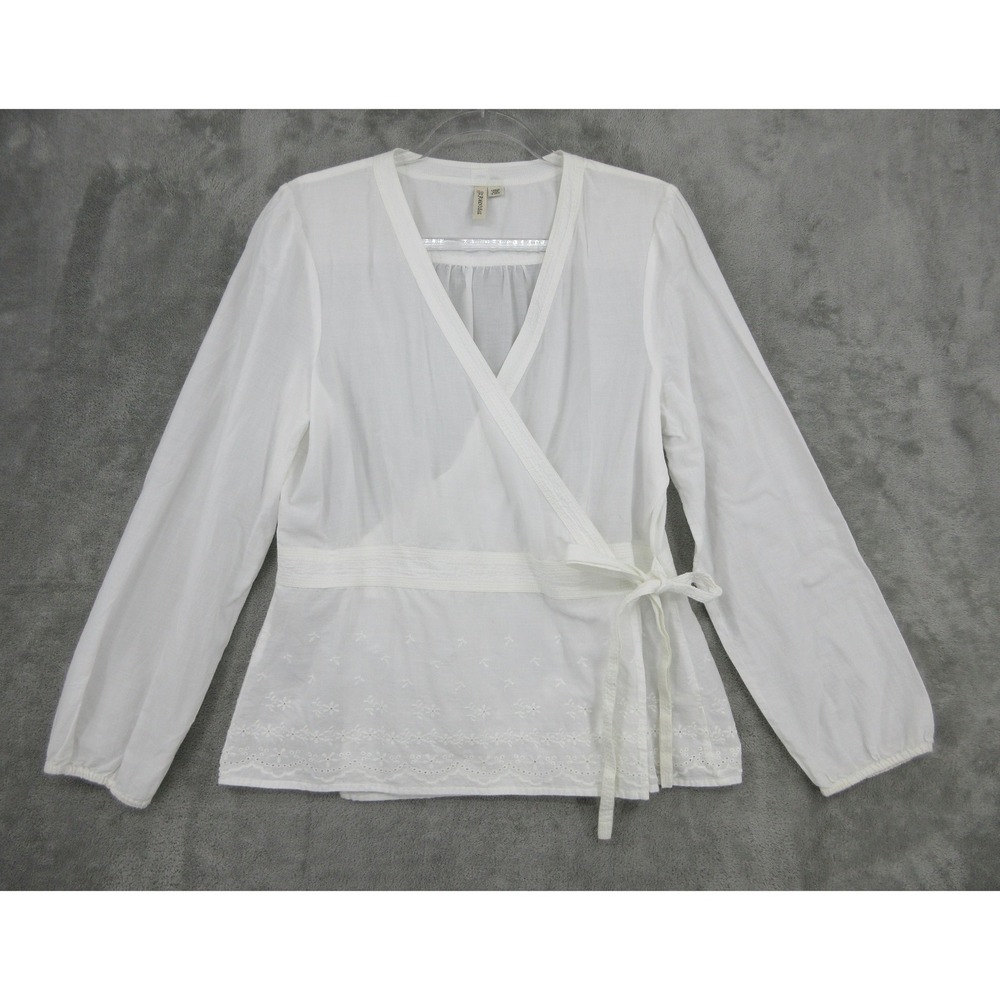 St Johns Bay Shirt Womens Size L Wrap Eyelet Trim Side Tie Semi Sheer Dainty